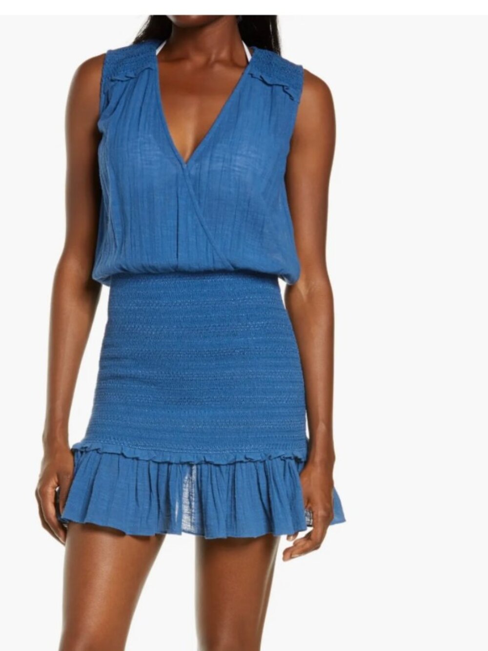 Veronica Beard Blue Smocked Mini Dress | Ruffle Hem | Resort Chic | Small